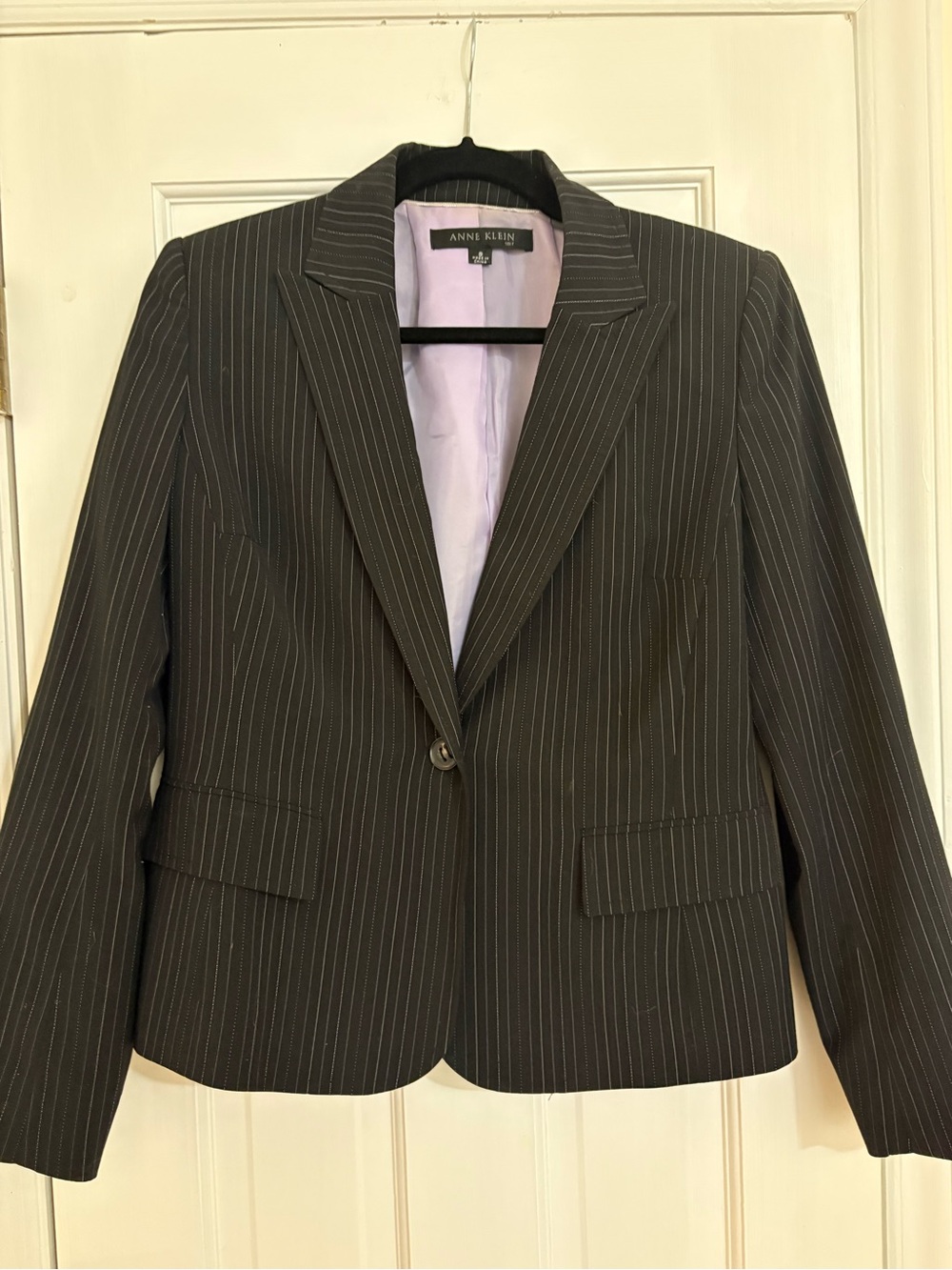 Anne Klein Black Pinstripe Blazer with Lilac Lining